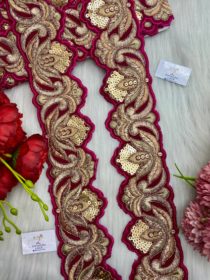 Beautiful Velvet Based 3 Inches Broad Cutwork Lace Magenta 9 Meters 070126/090126
