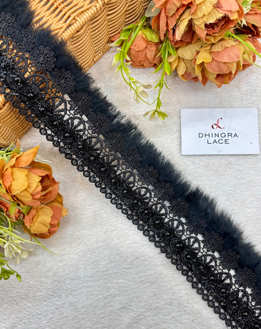 Beautiful Cotton Based Pearls And Feather Work 3 Inches Broad Lace Black 220925