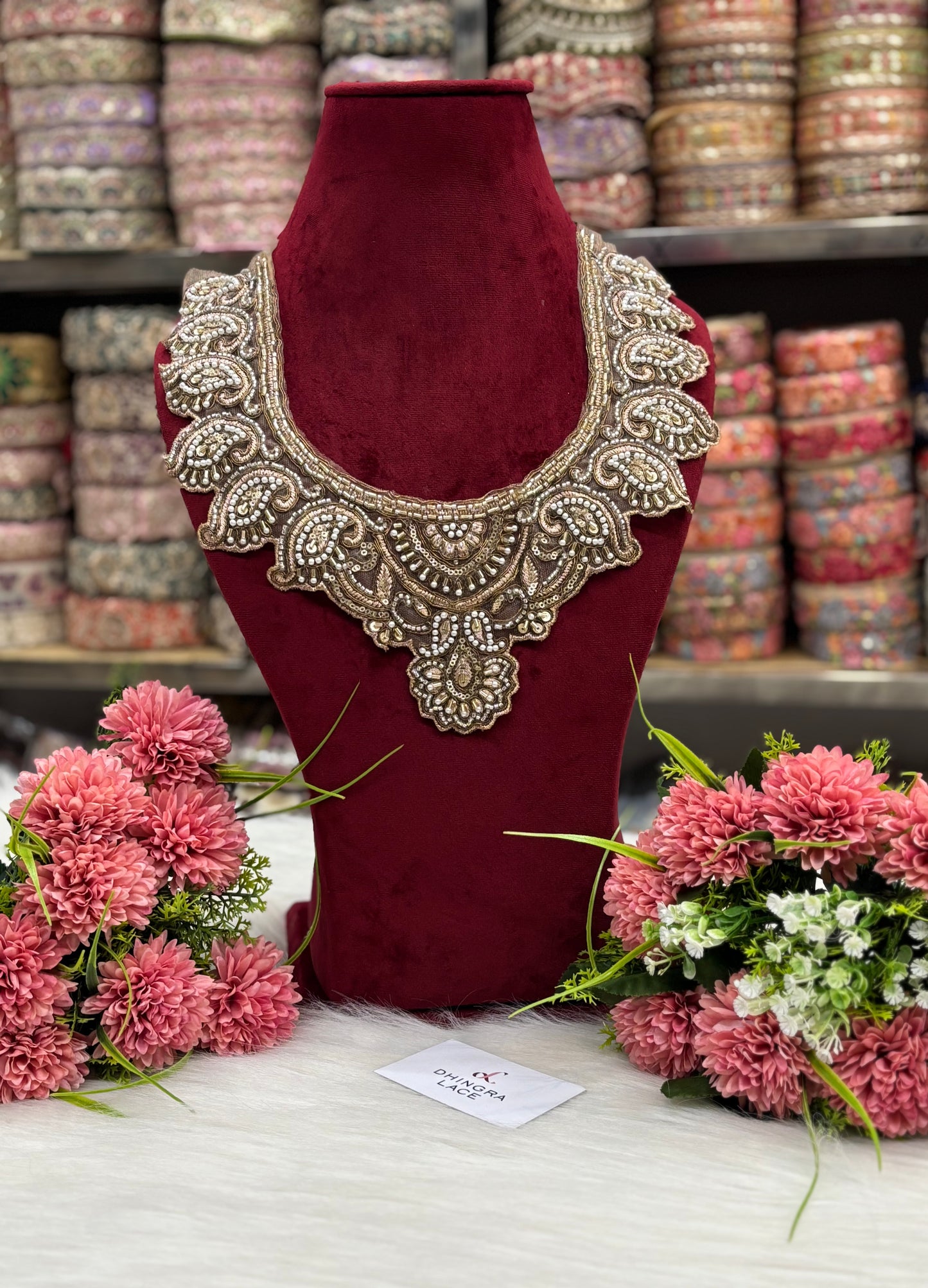 Beautiful Net Based Cutpipe And Sequence Work Neck Antique Gold 130325