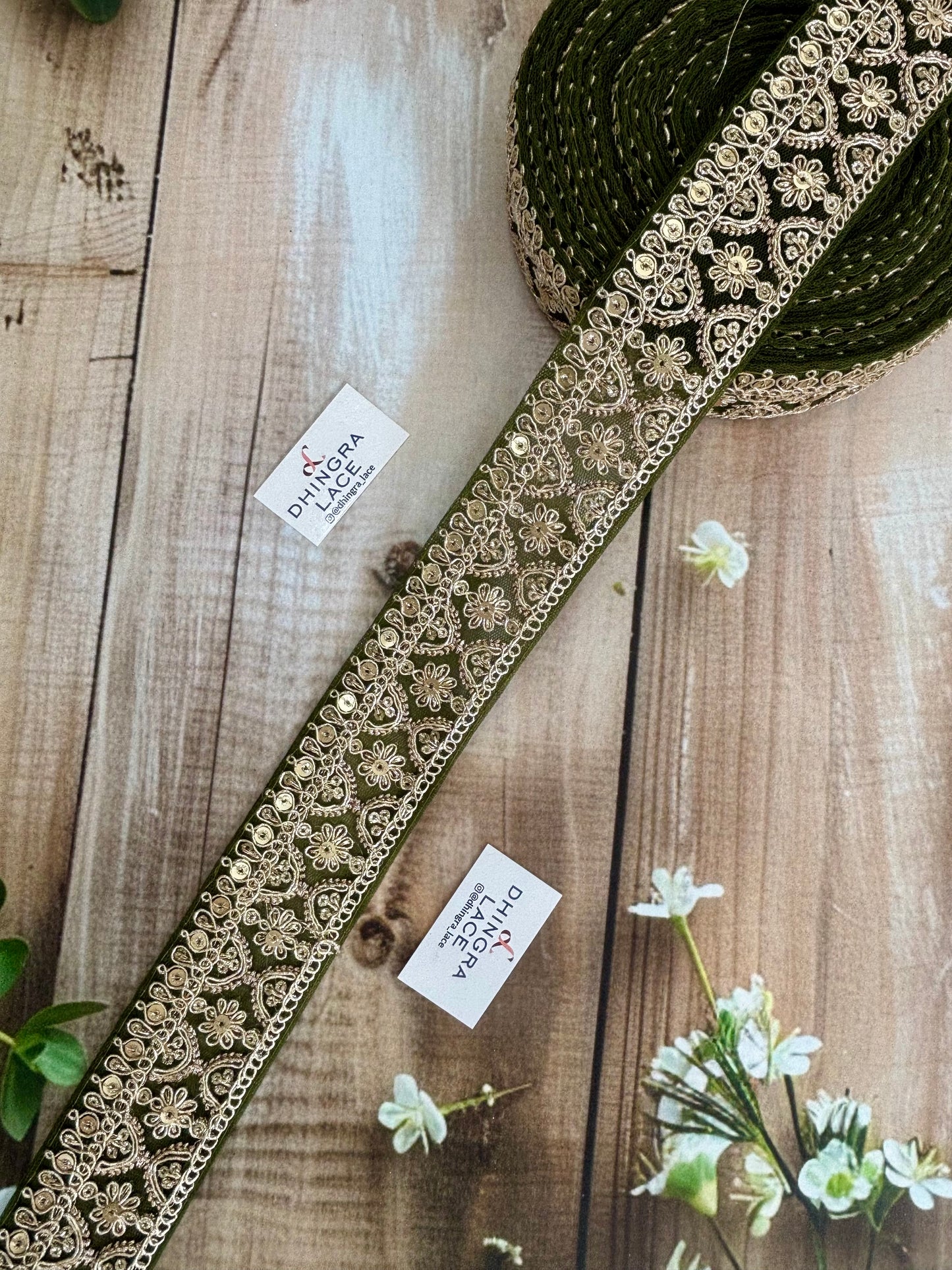 Beautiful Net Based Zari Work Lace Medium Olive Green Colourful (9 Meters) 120326