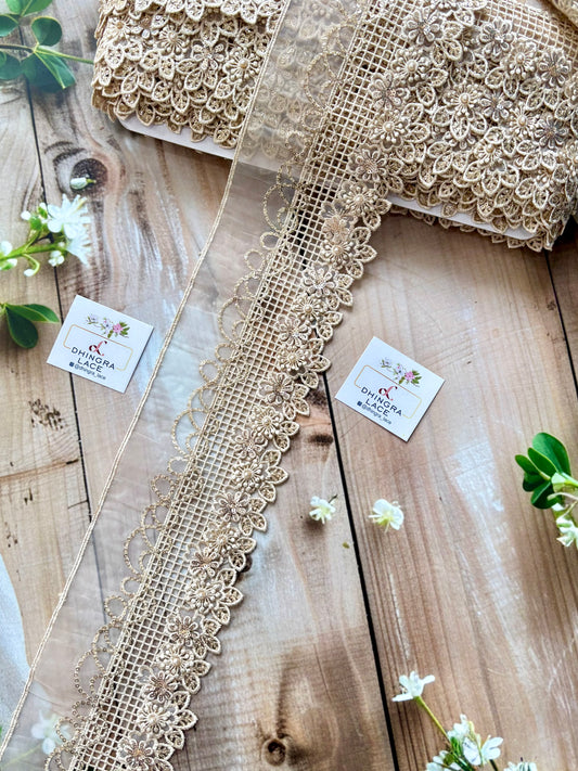 Beautiful Organza Based Threadwork Sequence And Pearls Work 4 Inches Broad Lace Beige 060825