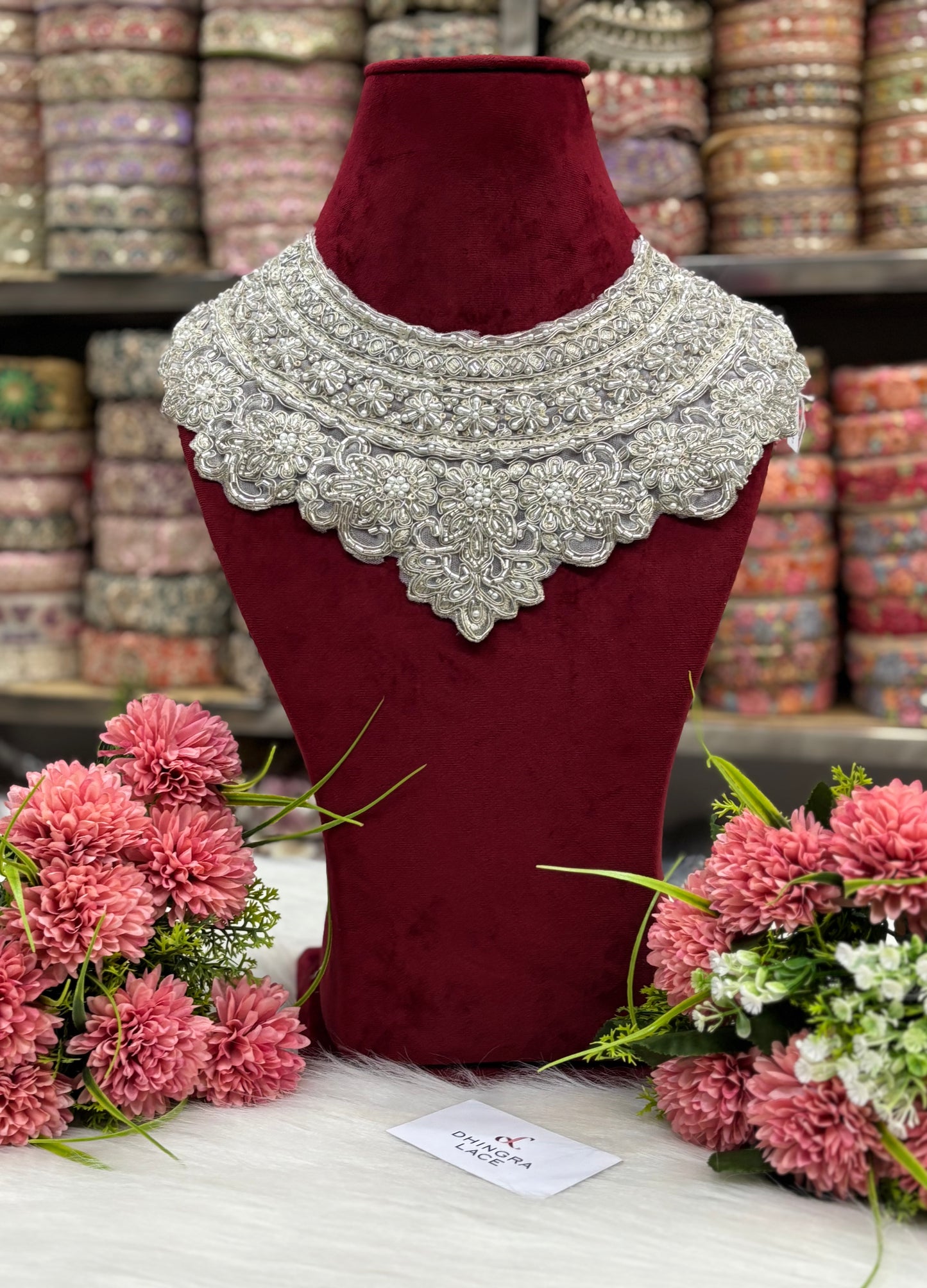 Beautiful Net Based Cutpipe And Sequence Work Neck Silver 130325