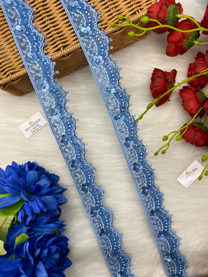 Beautiful Organza Based Cutpipe, Crystal, Sequence And Beads Work Lace (1 Meter) 250826
