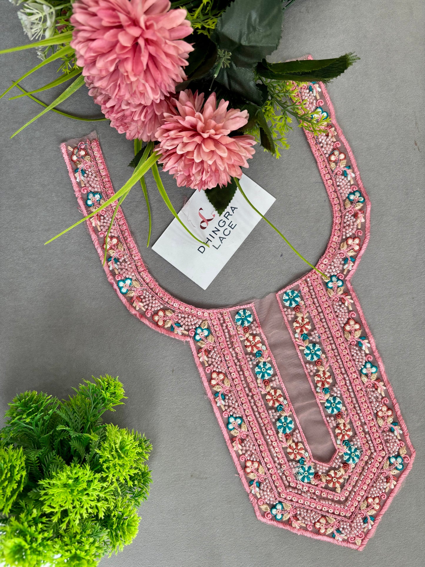 Beautiful Net Based Threadwork & Cutdana Work Neck pink 130625/8