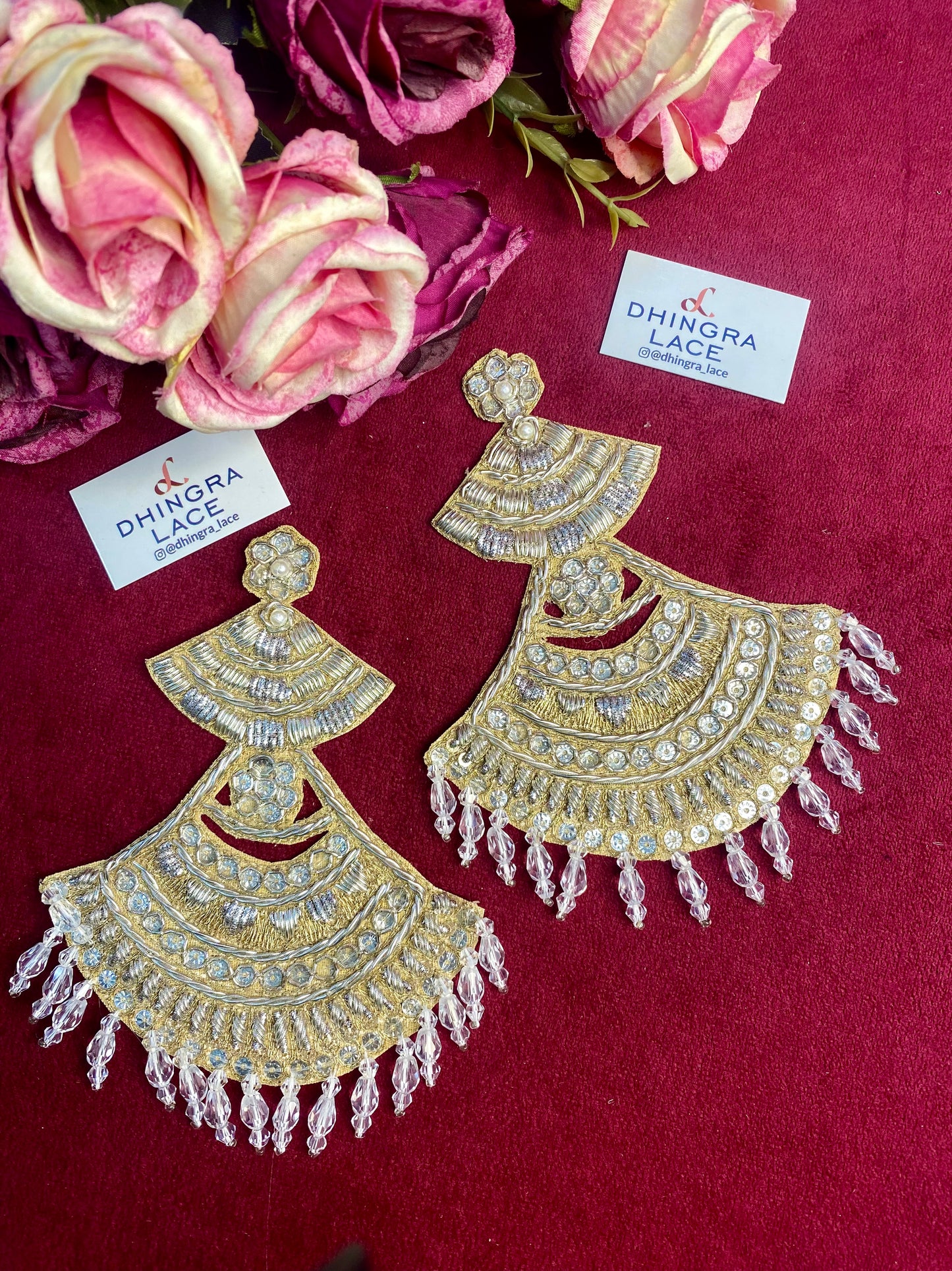 Beautiful Crystal & Zardozi Work Patches Silver 5 W 4 Inches Pair (2 Pieces) 261225