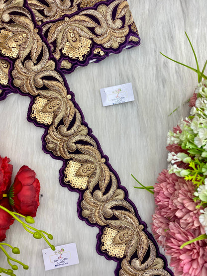 Beautiful Velvet Based 3 Inches Broad Cutwork Lace Wine 9 Meters 070126/090126