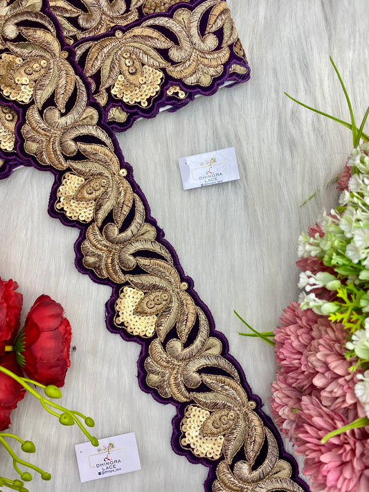 Beautiful Velvet Based 3 Inches Broad Cutwork Lace Wine 9 Meters 070126/090126