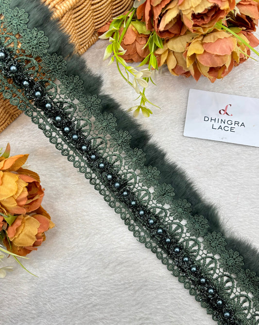 Beautiful Cotton Based Pearls And Feather Work 3 Inches Broad Lace Green 210125