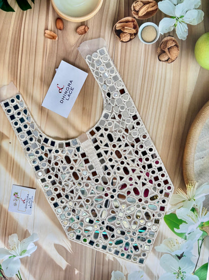 Beautiful Net Based Mirror Work Neck Off White 100725