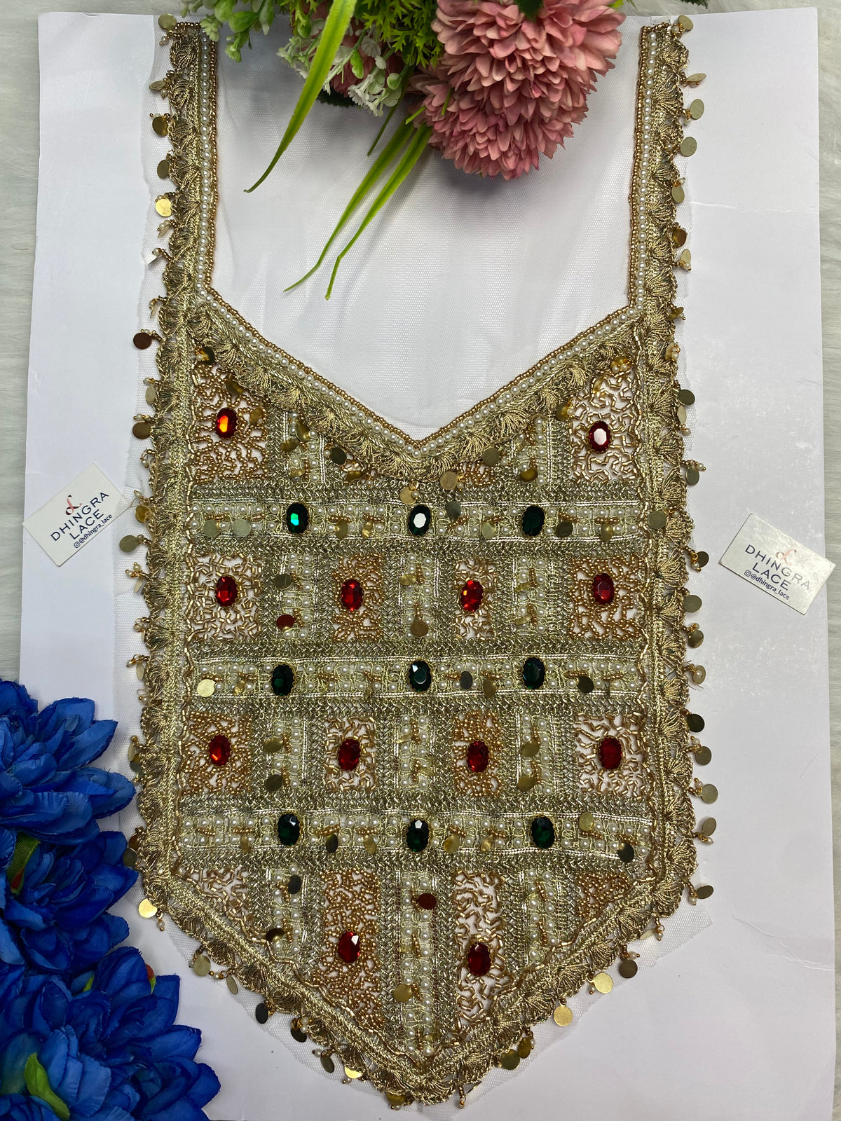 Rhine Stone Or Pearls Red Green Colour Combo With Metal Coins Or Handwork Neck Patches 161026