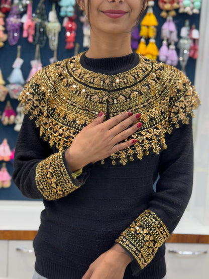 Beautiful Black Net Based Sequence And Cutpipe Work Cape Gold 040325