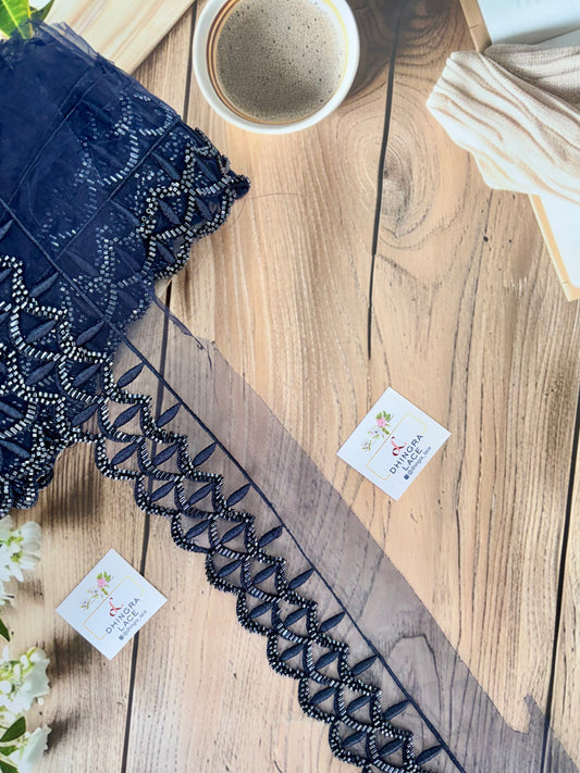 Beautiful Organza Based Threadwork Or Cutpipe Work Lace Blue 200925