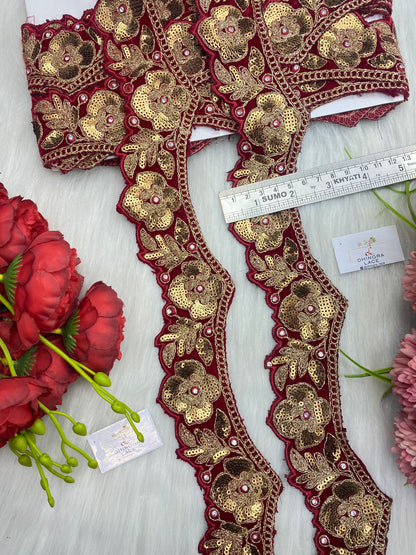 Beautiful Velvet Based 2 Inches Broad Scallop Lace Maroon 9 Meters 070126/090126