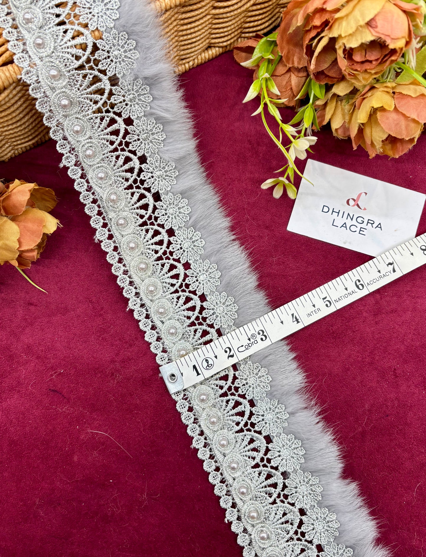 Beautiful Cotton Based Pearls And Feather Work 3 Inches Broad Lace Grey 210125