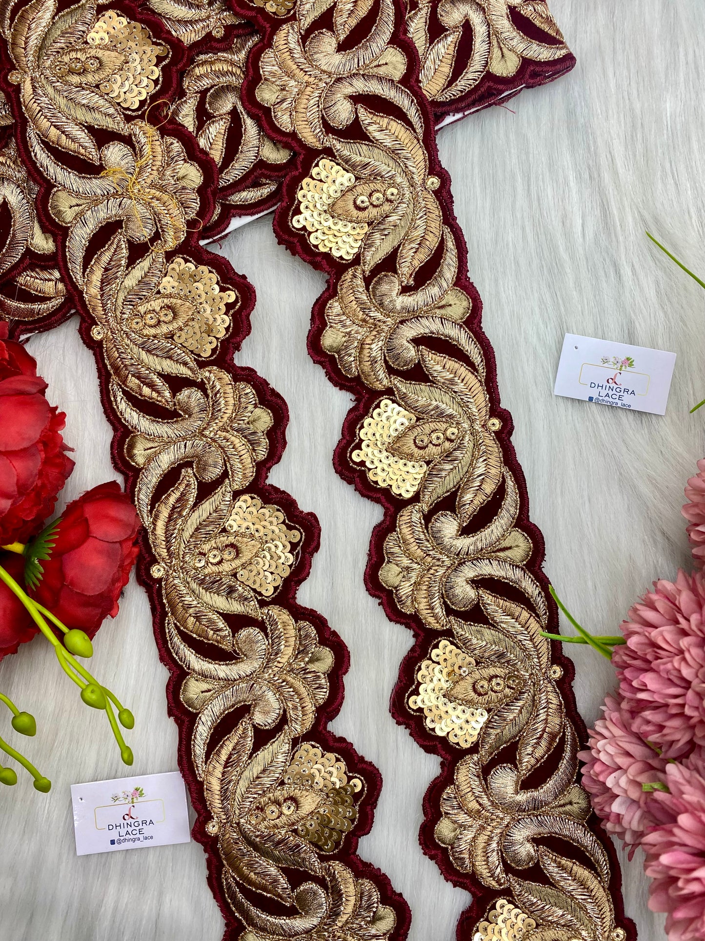 Beautiful Velvet Based 3 Inches Broad Cutwork Lace Maroon 9 Meters 070126/090126