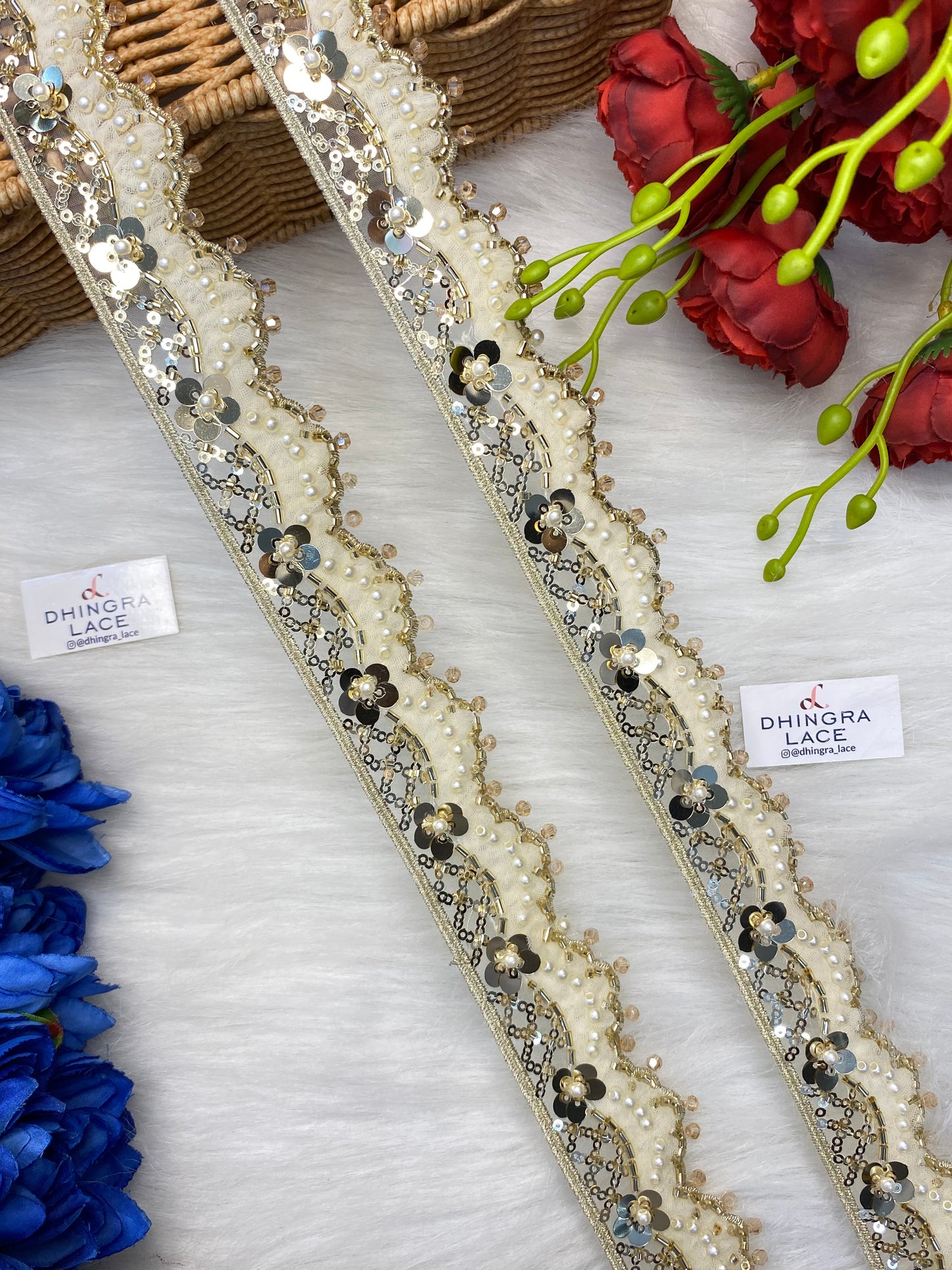 Beautiful Organza Based Cutpipe, Crystal, Sequence And Beads Work Lace (1 Meter) 250826