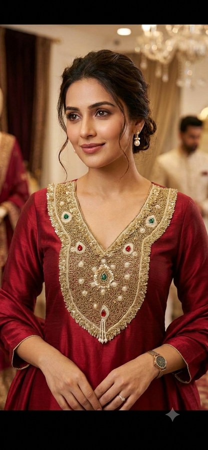 Rhine Stone Or Pearls Red Green Colour Combo With Metal Coins Or Handwork Neck Patches 161026