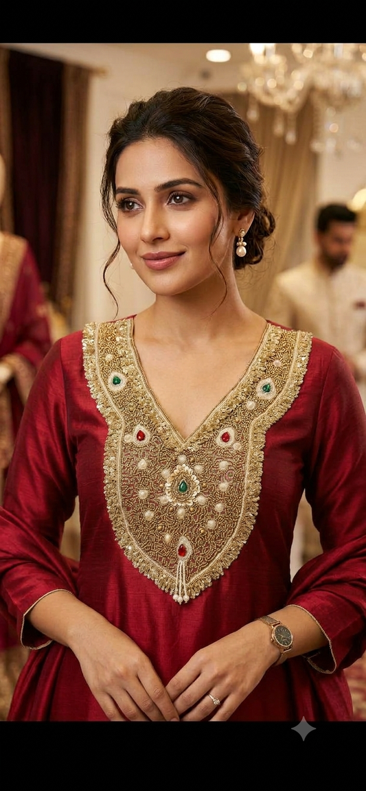 Rhine Stone Or Pearls Red Green Colour Combo With Metal Coins Or Handwork Neck Patches 161026