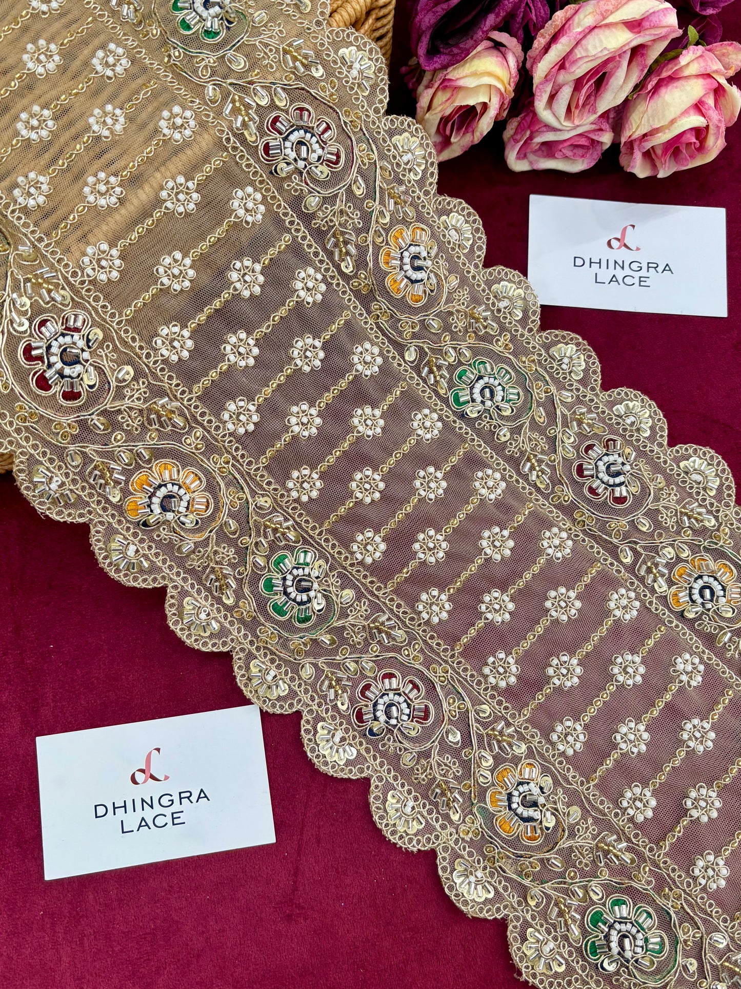 Beautiful Net Based Handwork Sequence And Cutpipe Work 8 Inches Broad Border 070225/180225
