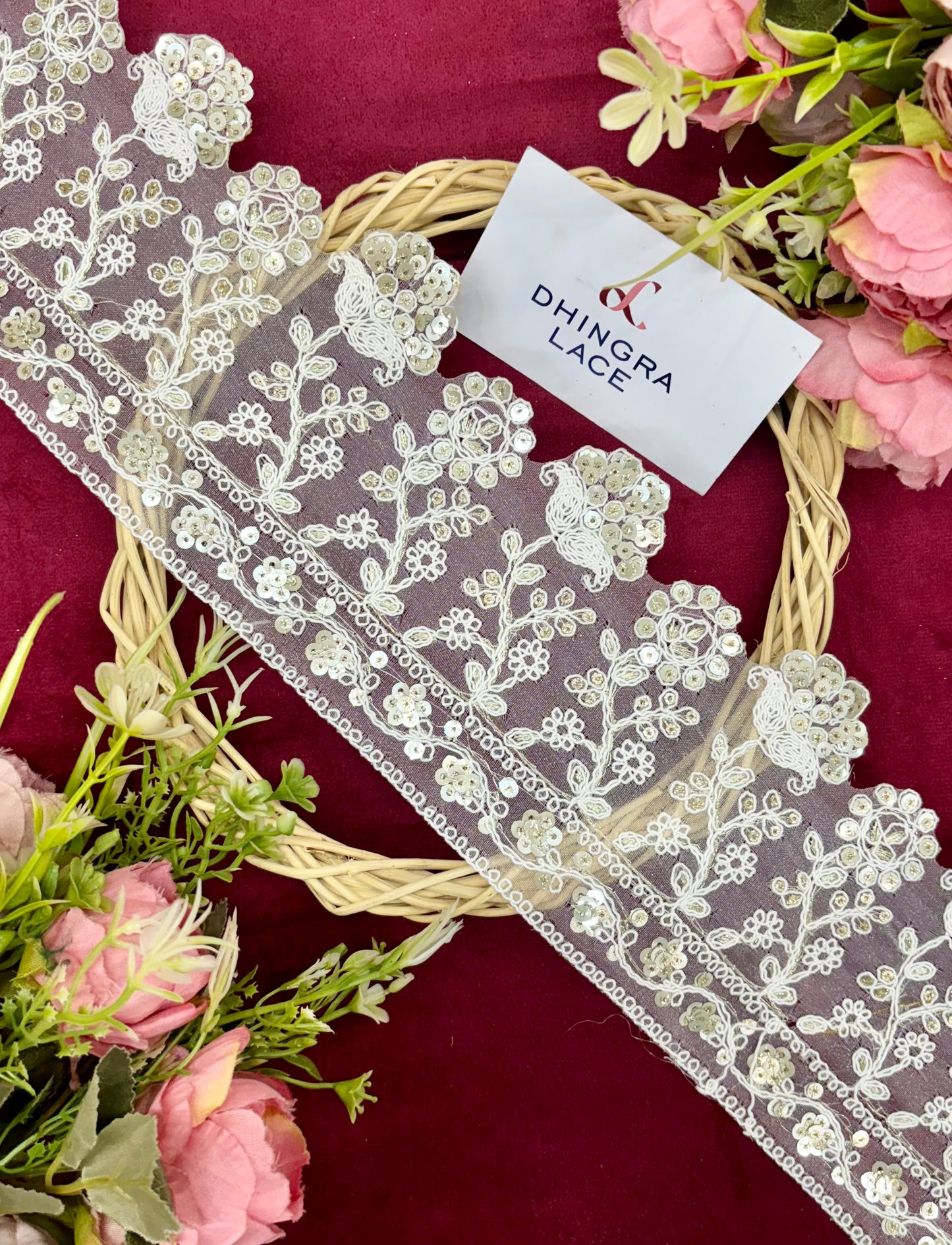 Beautiful 4 Inches Broad Sequins Work Lace White 041024