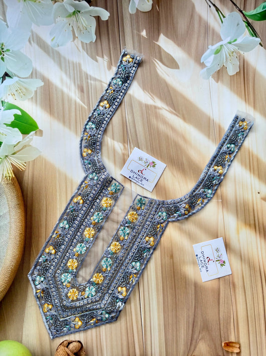Beautiful Net Based Threadwork & Cutdana Work Neck Grey 130625/9