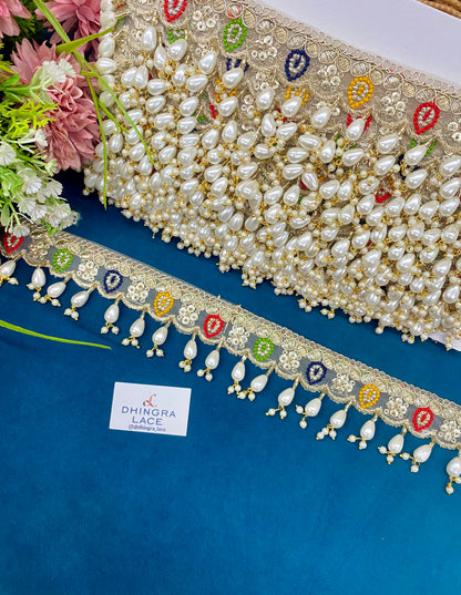 Beautiful Neck Based Multicolour Pearl Work Hanging Lace (1 Meter) 150826