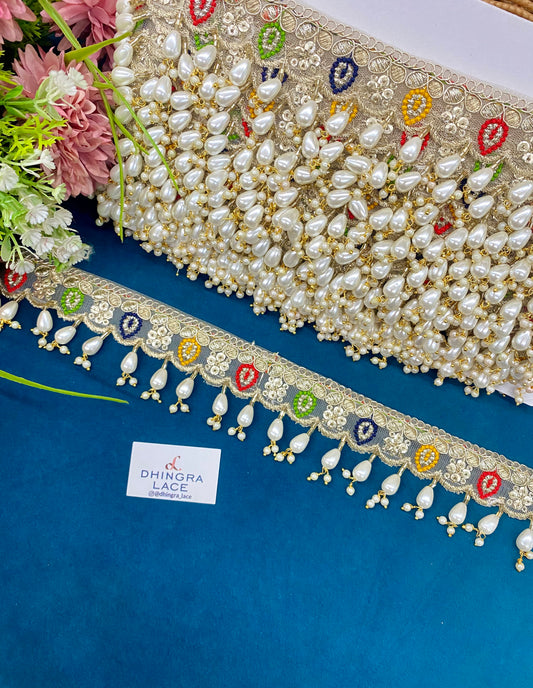 Beautiful Neck Based Multicolour Pearl Work Hanging Lace (1 Meter) 150826