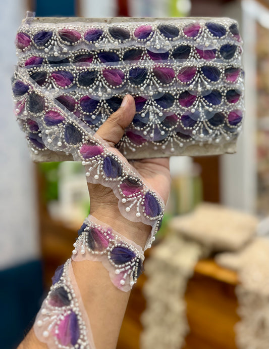 Beautiful Organza Based Pearls And Cutpipe Work Lace Multicolour 260825
