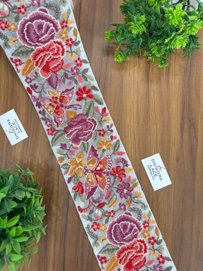 Cross Stitch Borders Multicolour Butterfly Floral Pattern For Saree Dupatta Lehanga & Home Furnishing 090726 Price Per Meter