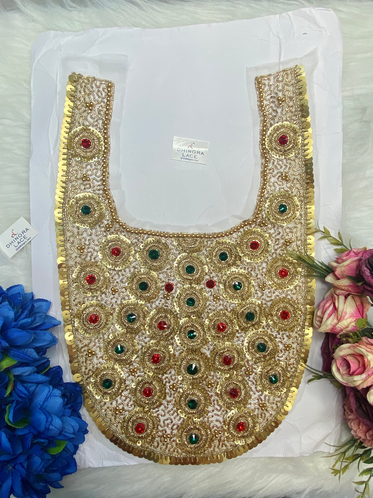 Rhine Stone Or Pearls Red Green Colour Combo With Metal Coins Or Handwork Neck Patches 161026