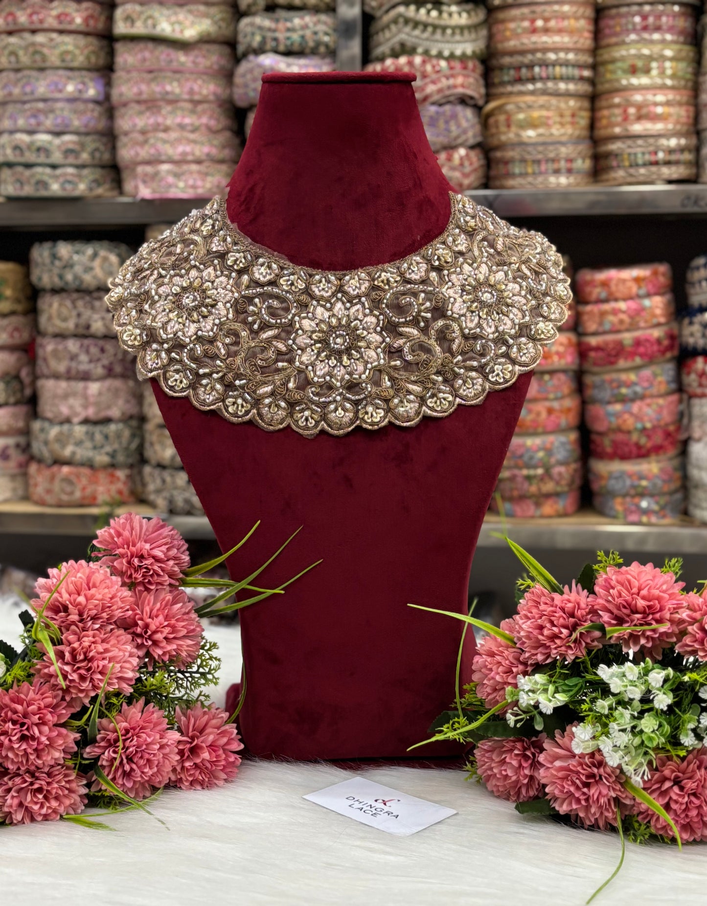 Beautiful Net Based Cutpipe And Sequence Work Neck Antique Gold 130325