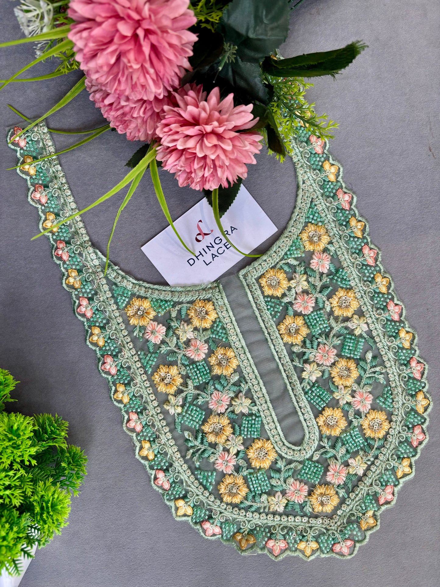 Beautiful Net Based Threadwork & Cutdana Work Neck Mint Green 130625/5