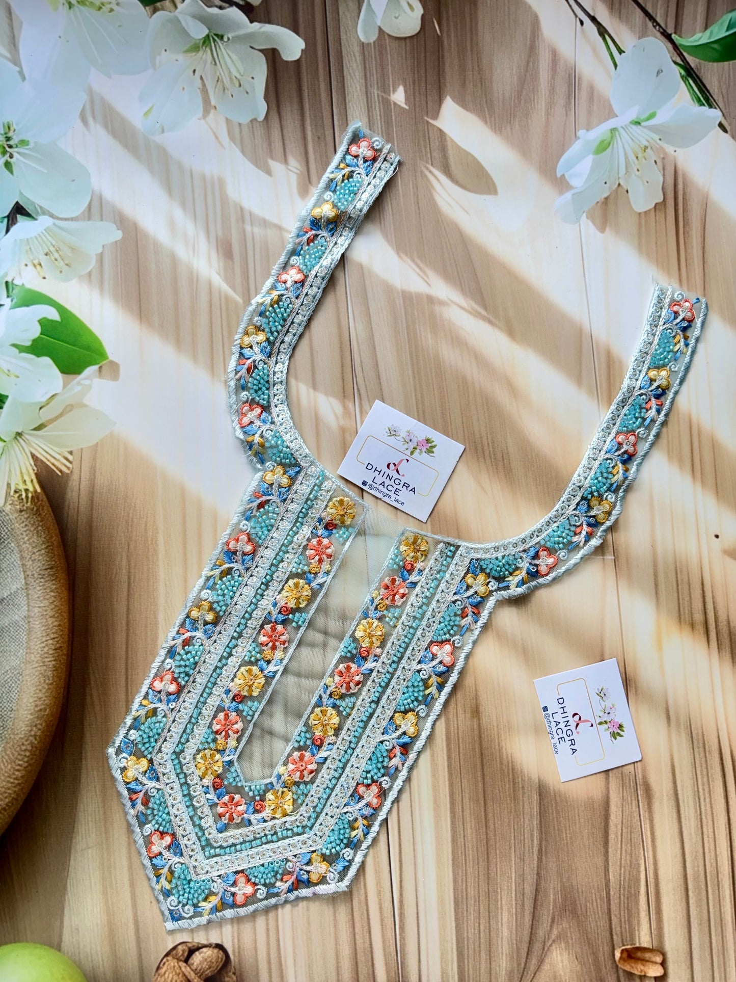 Beautiful Net Based Threadwork & Cutdana Work Neck Sky Blue 130625/1