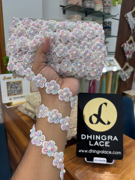 Beautiful Net Based Flower Lace White Multi 100925