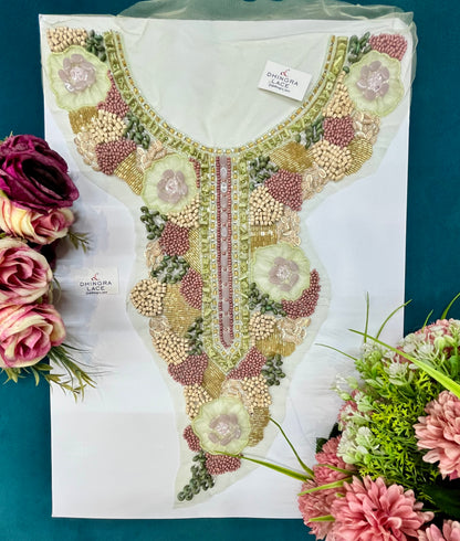Beautiful Net Based Wooden,Beads,Cutdana& Sequins Work Neck Patches (1 Piece) 070826