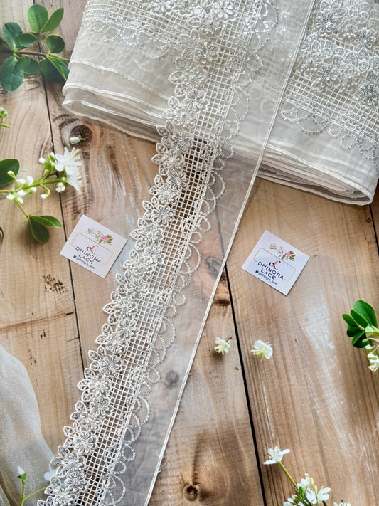 Beautiful Organza Based Threadwork Sequence And Pearls Work 4 Inches Broad Lace White 060825