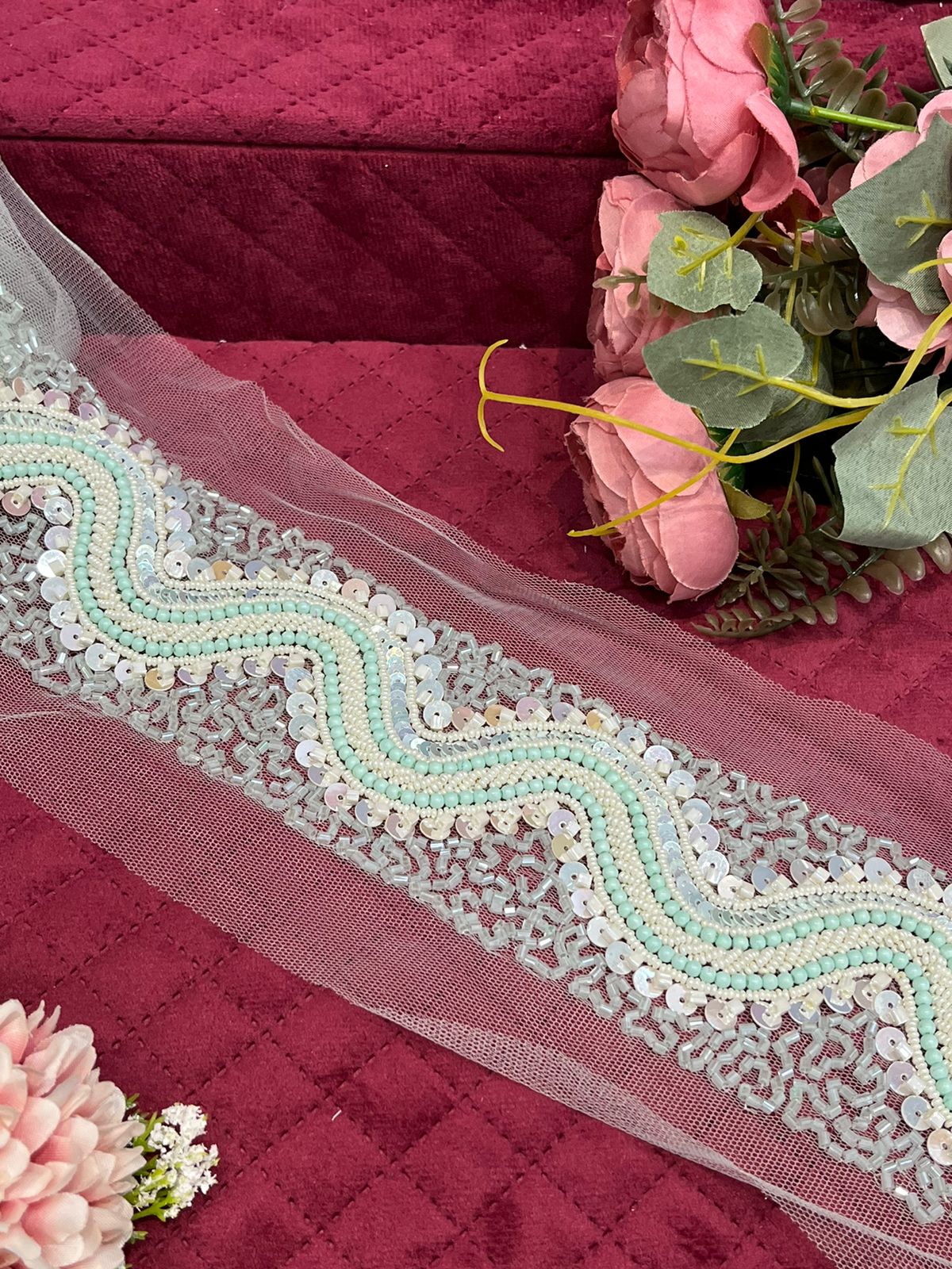 Beautiful Handwork 2.5 Inches Broad Cutpipe & Sequins And Beads Work Lace 170824