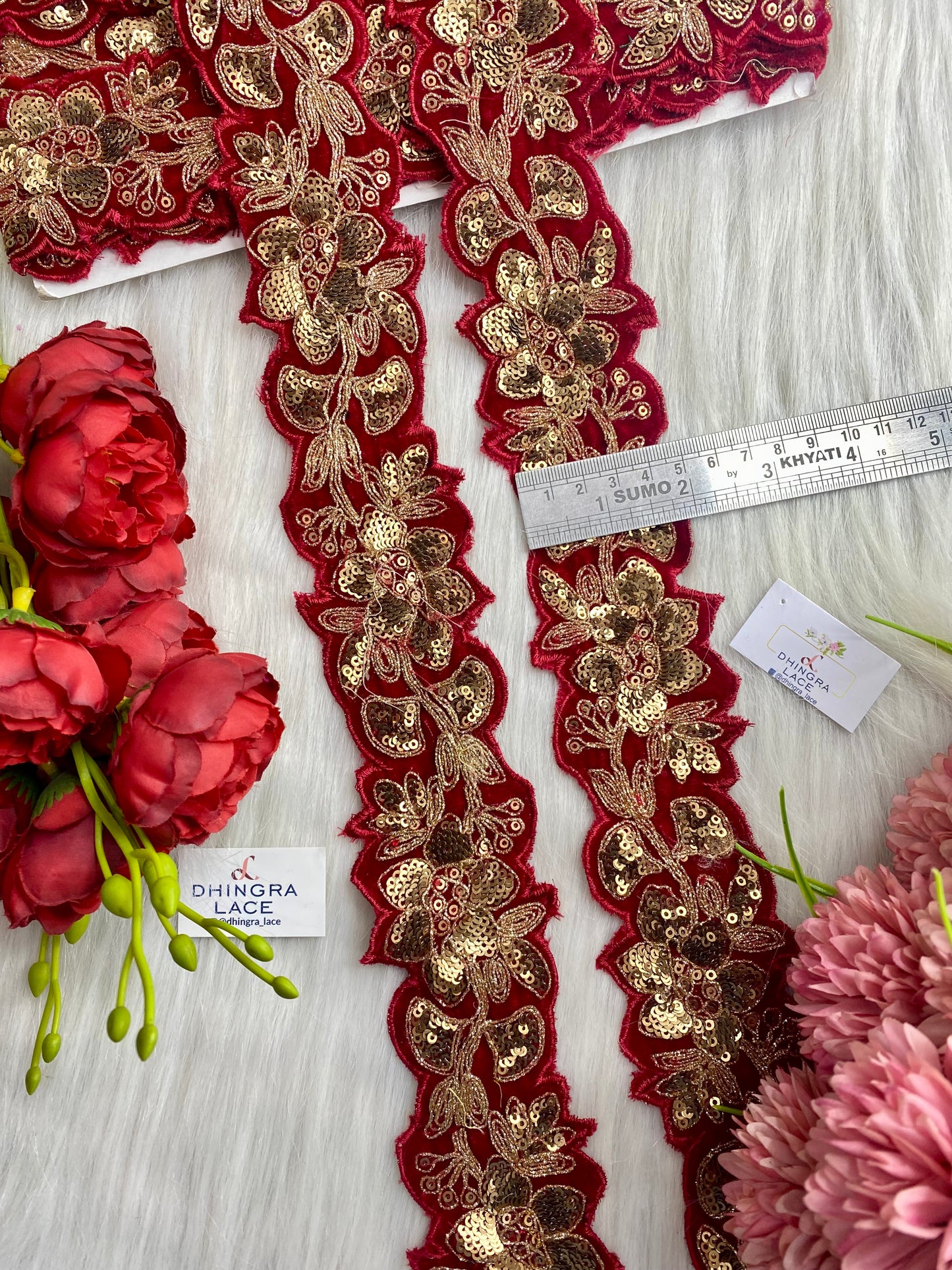 Beautiful Velvet Based 2 Inches Broad Lace Red 9 Meters  070126/090126