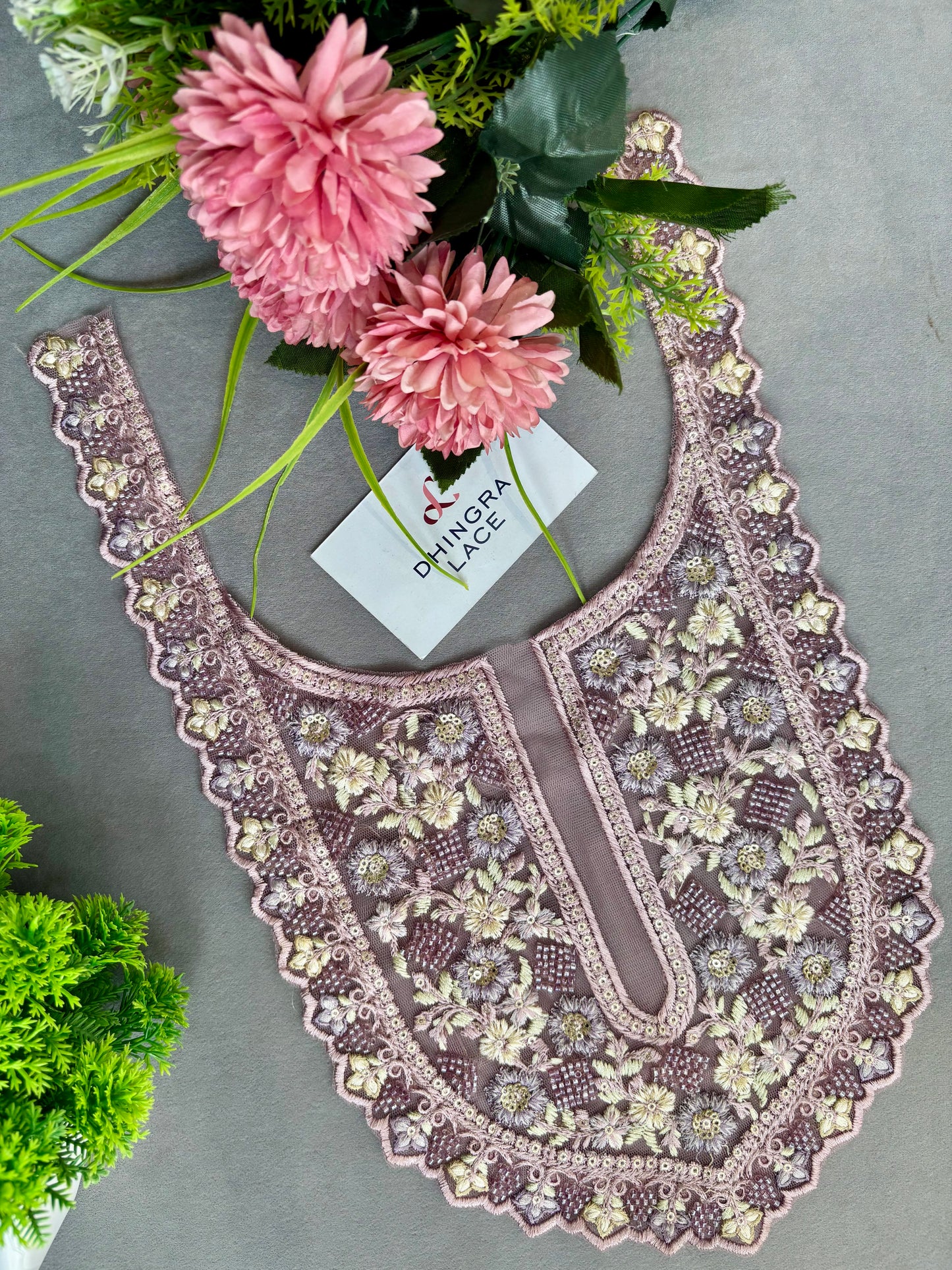 Beautiful Net Based Threadwork & Cutdana Work Neck Grey 130625/140326