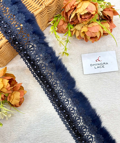 Beautiful Cotton Based Pearls And Feather Work 3 Inches Broad Lace Blue 210125