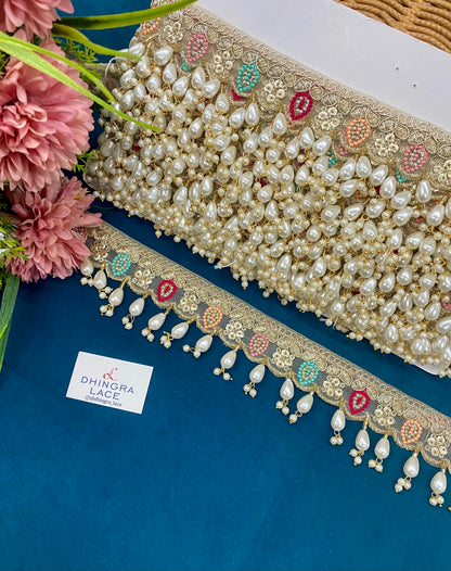 Beautiful Neck Based Multicolour Pearl Work Hanging Lace (1 Meter) 150826