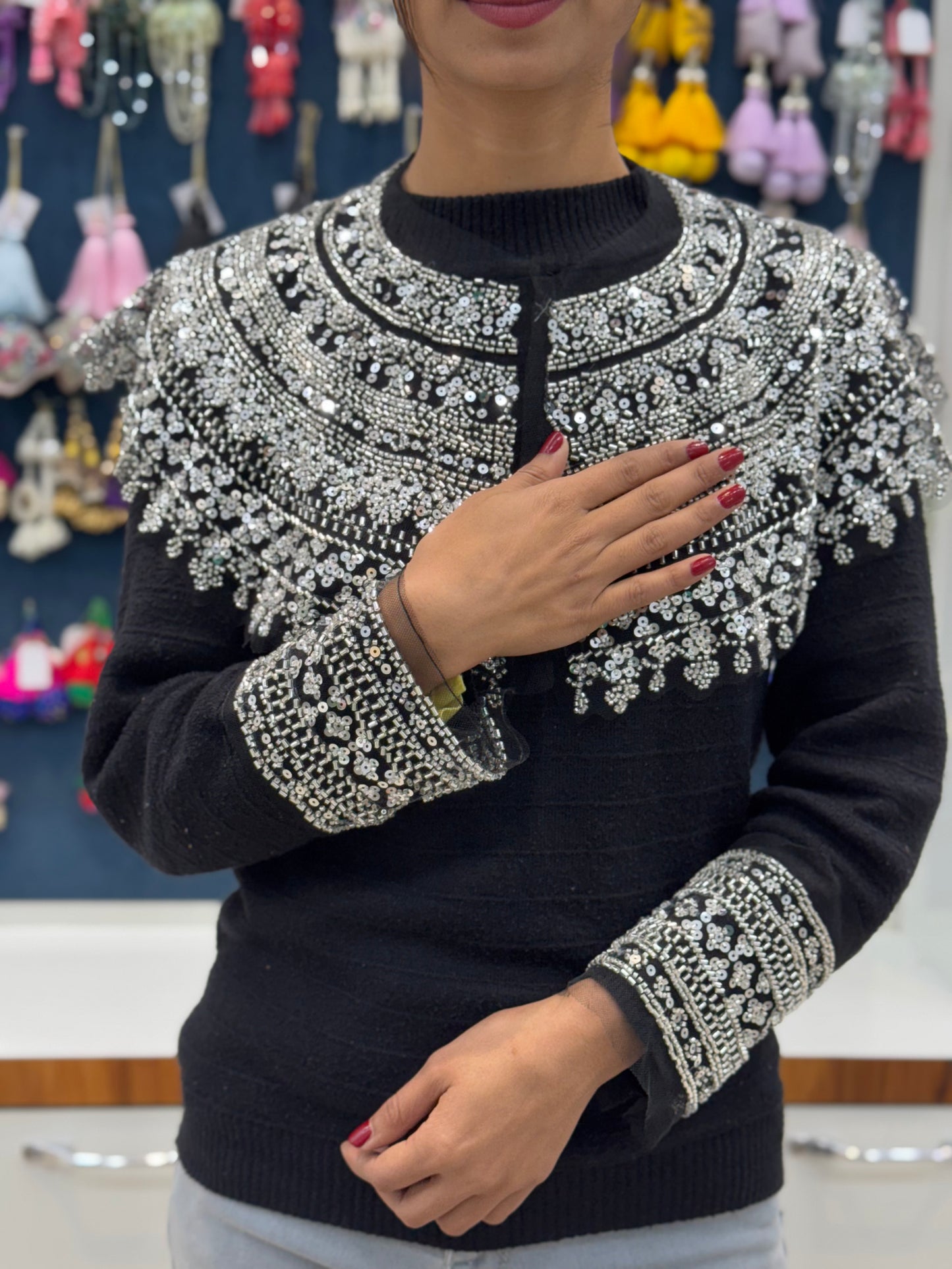 Beautiful Black Net Based Sequence And Cutpipe Work Cape Silver 040325