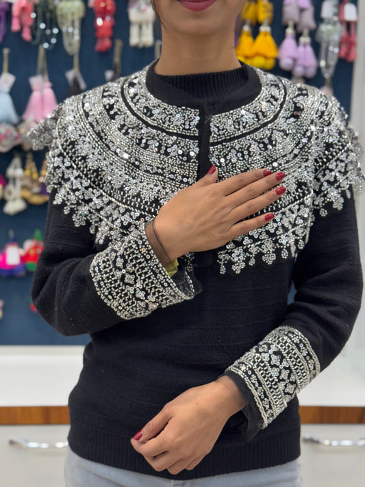Beautiful Black Net Based Sequence And Cutpipe Work Cape Silver 040325