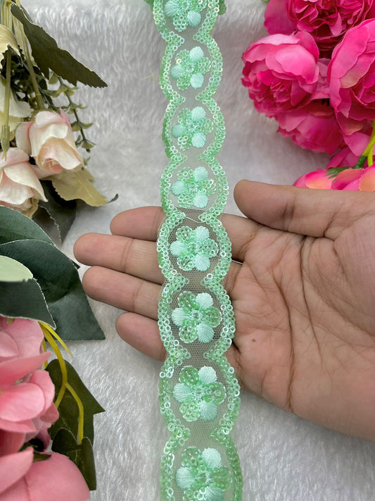 Beautiful Sequins Work Lace Sea Green 240824