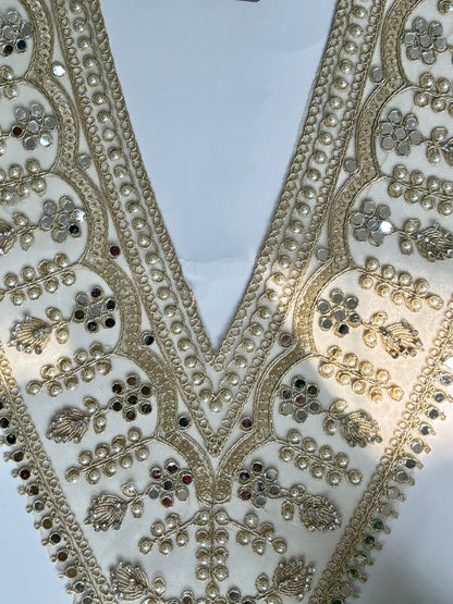Beautiful Mirror Pearls And Zarkan Work V Neck Patch With Sleeves 200126