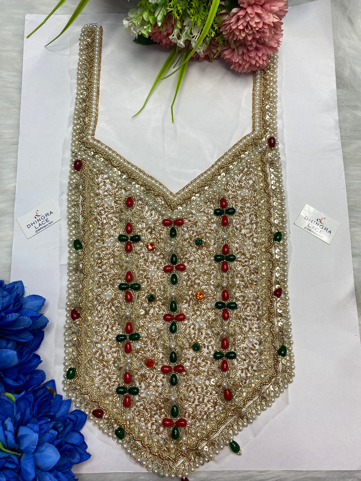 Rhine Stone Or Pearls Red Green Colour Combo With Metal Coins Or Handwork Neck Patches 161026