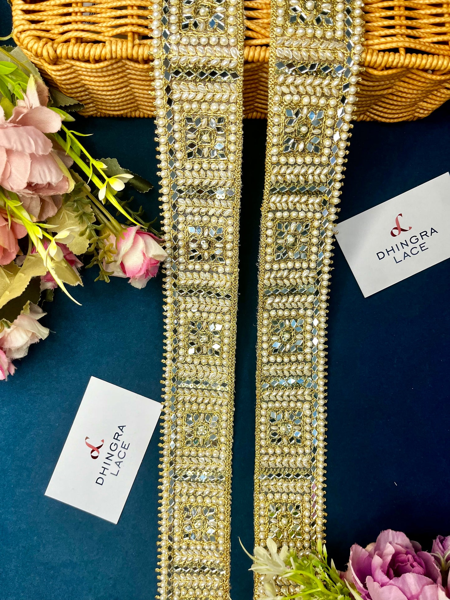 Beautiful Handwork Beads & Mirror Work Border Light Gold 040824