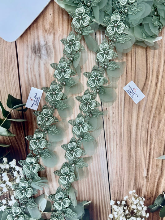 Beautiful Pearl Work Guipure Hanging Lace Olive Green 130226