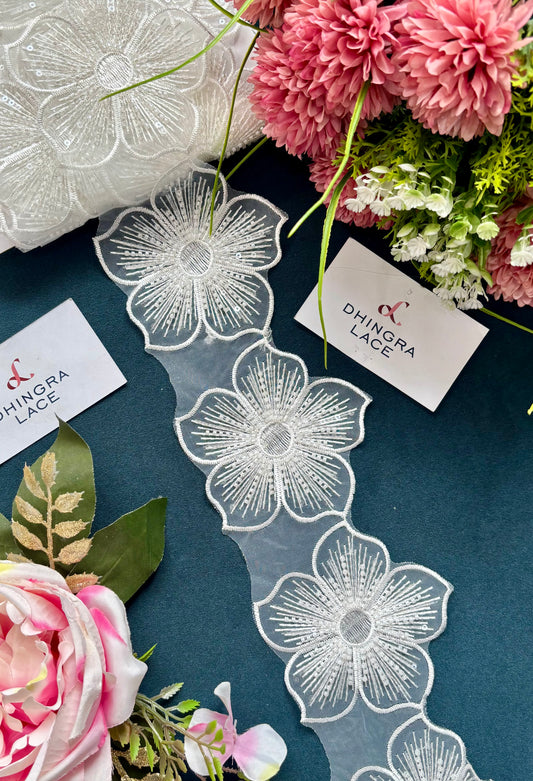 Beautiful Organza Based Cutdana And Sequence Work Flower Lace White 11 Flower In 1 Meter Lace 210625