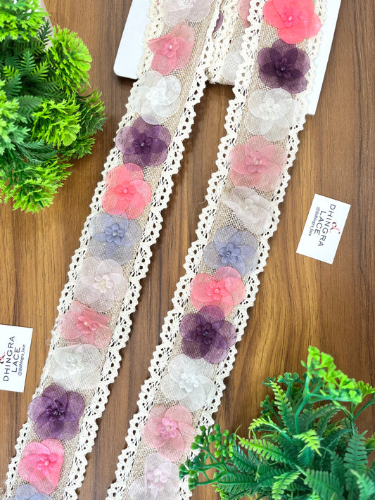 Beautiful Multicolour Flower Jute Lace Medium 2.5 Inches (1.5 Meters) 230426